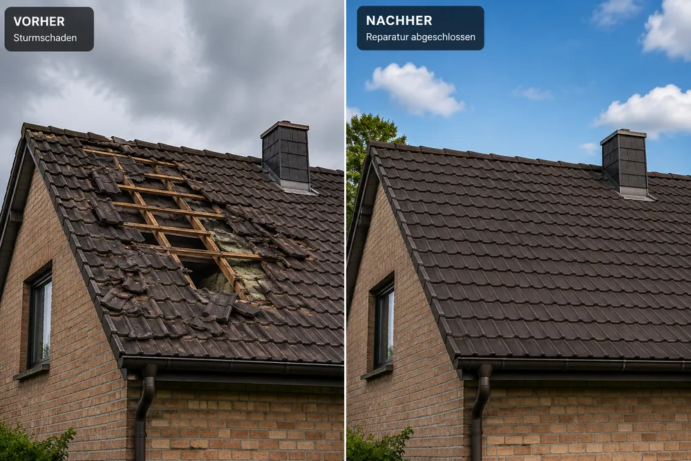 Sturmschaden-Reparatur · vorher/nachher